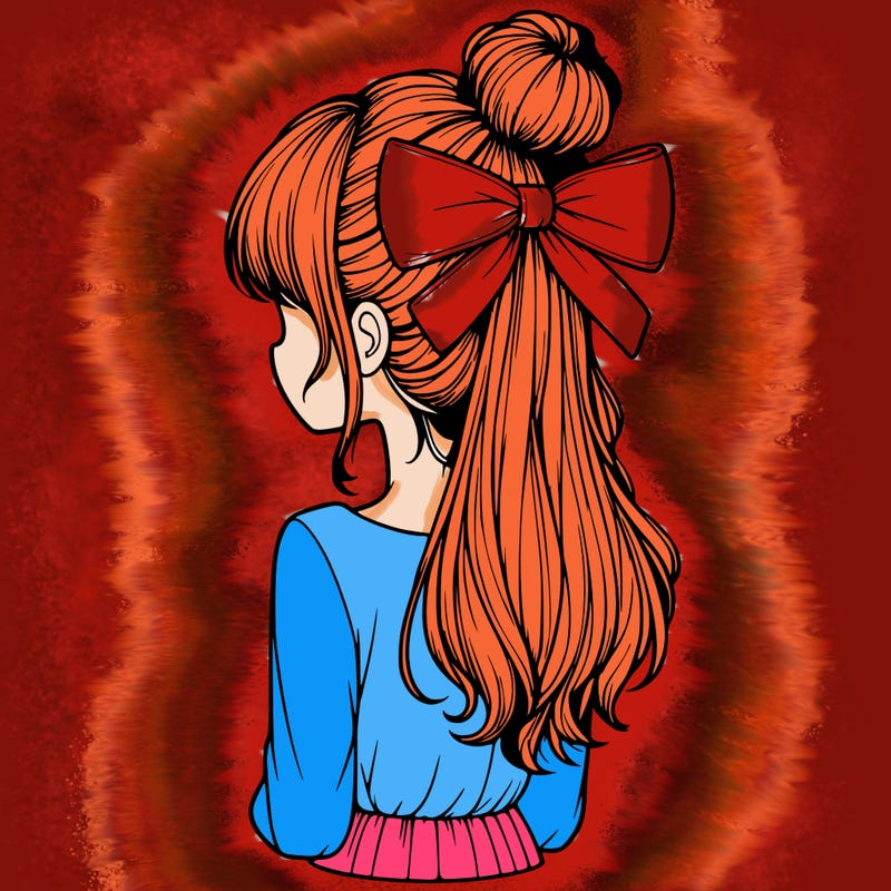 realistic girl  with hip length hair a bun and a big bow on the back of head