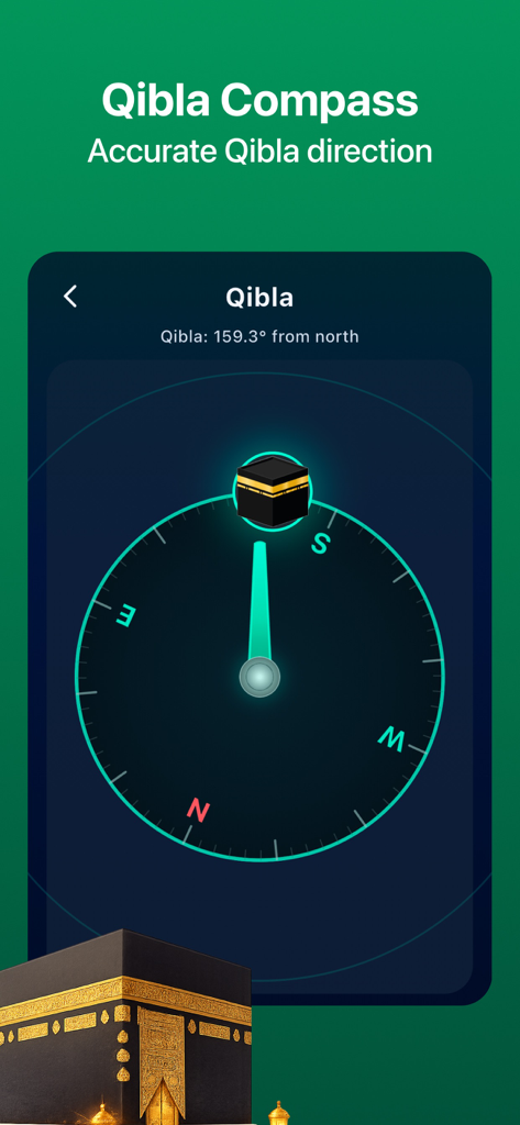 Muslim Bro: Prayer & Quran - Modern Qibla compass interface in the Muslim Bro app showing the accurate direction to the Kaaba