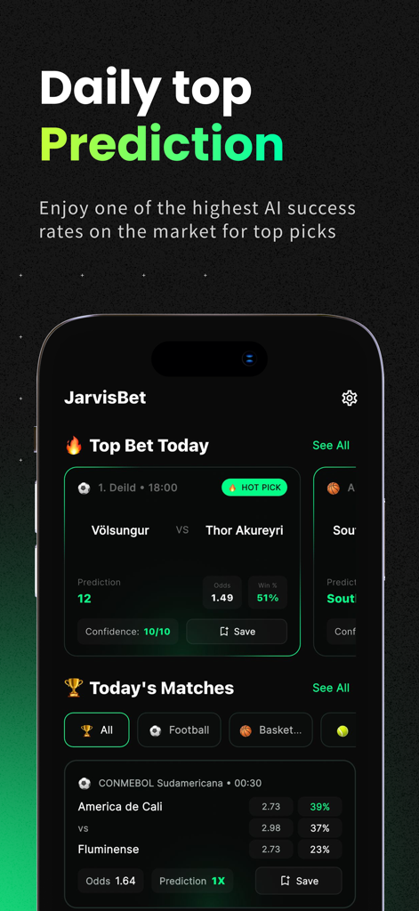 Jarvis Bet mobile app interface showing AI sports predictions and daily hot picks