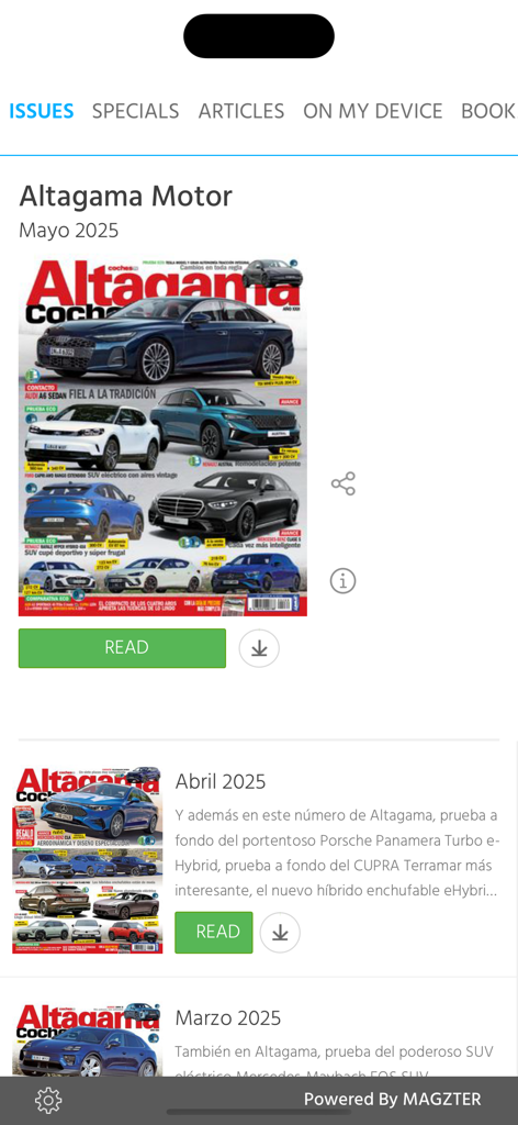 Interface of the Altagama magazine app displaying several monthly issues of a Spanish-language car magazine.