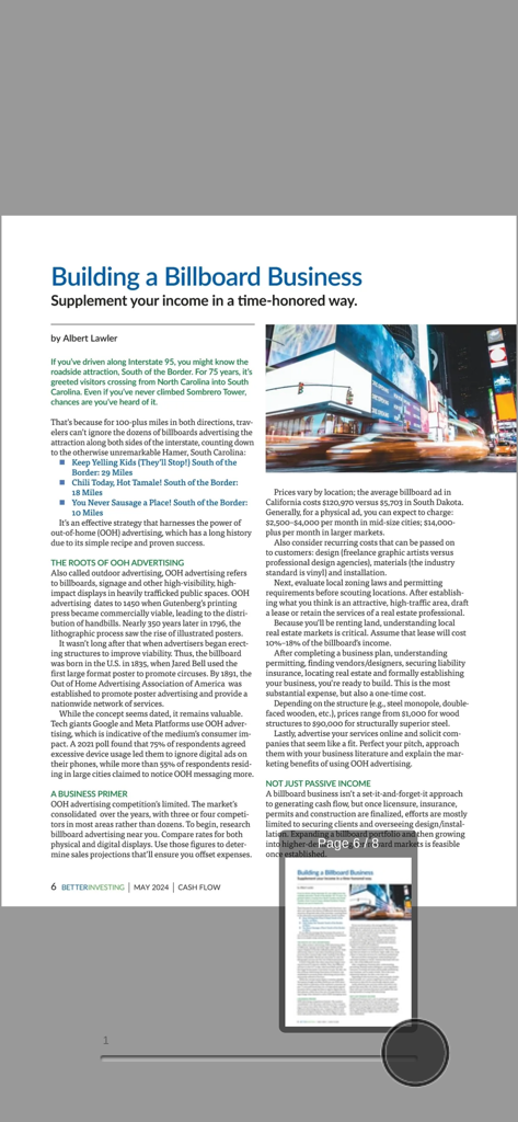An article in the BetterInvesting Magazine app titled Building a Billboard Business showing details on out of home advertising.