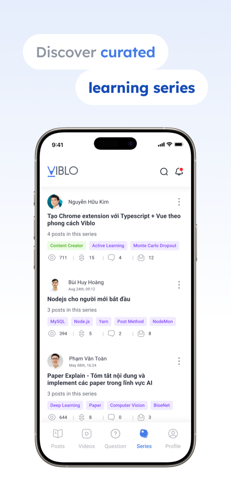 Viblo - Viblo App: Oberfläche, die eine kuratierte Liste technischer Lernreihen für Softwareentwickler anzeigt.