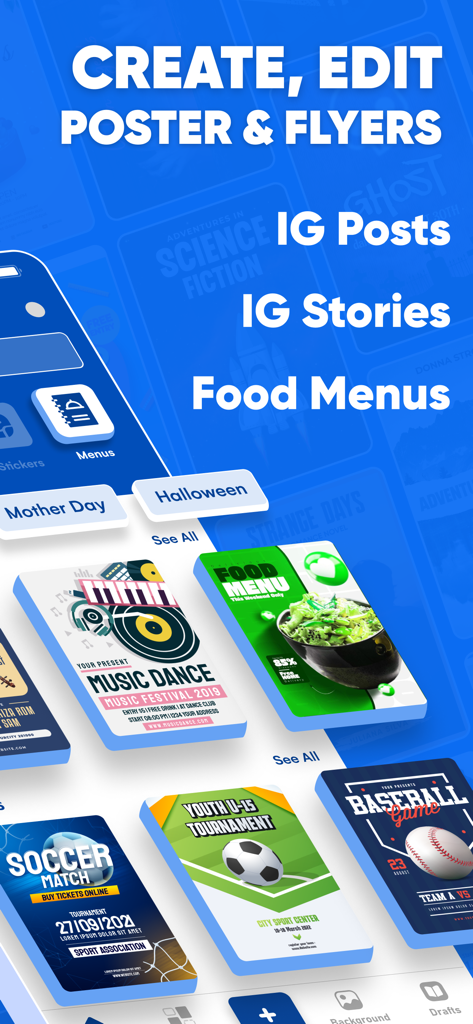 Poster Maker: & Flyer Maker - Interface d'application mobile affichant divers modèles de conception pour les affiches, les flyers, les stories Instagram et les menus de restaurant.