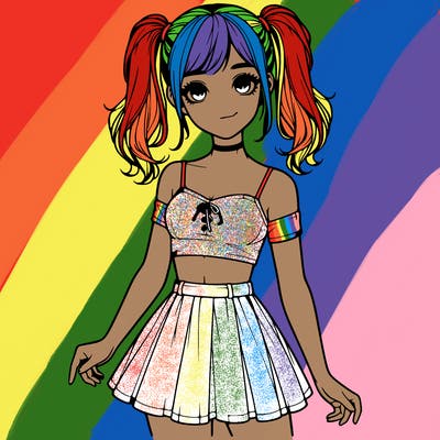 realistic girl in a skirt crop top and pigtails