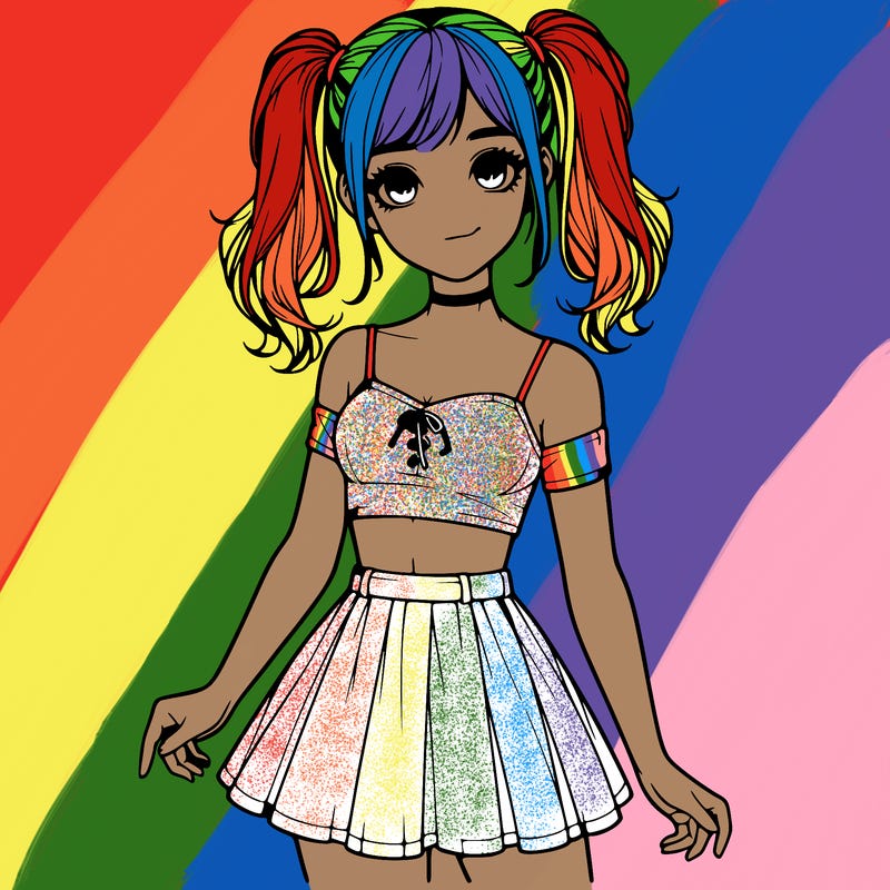 realistic girl in a skirt crop top and pigtails