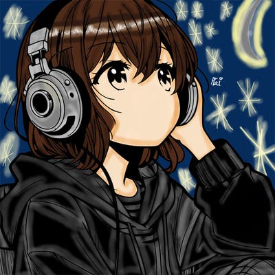 manga character that listen a music with headphone