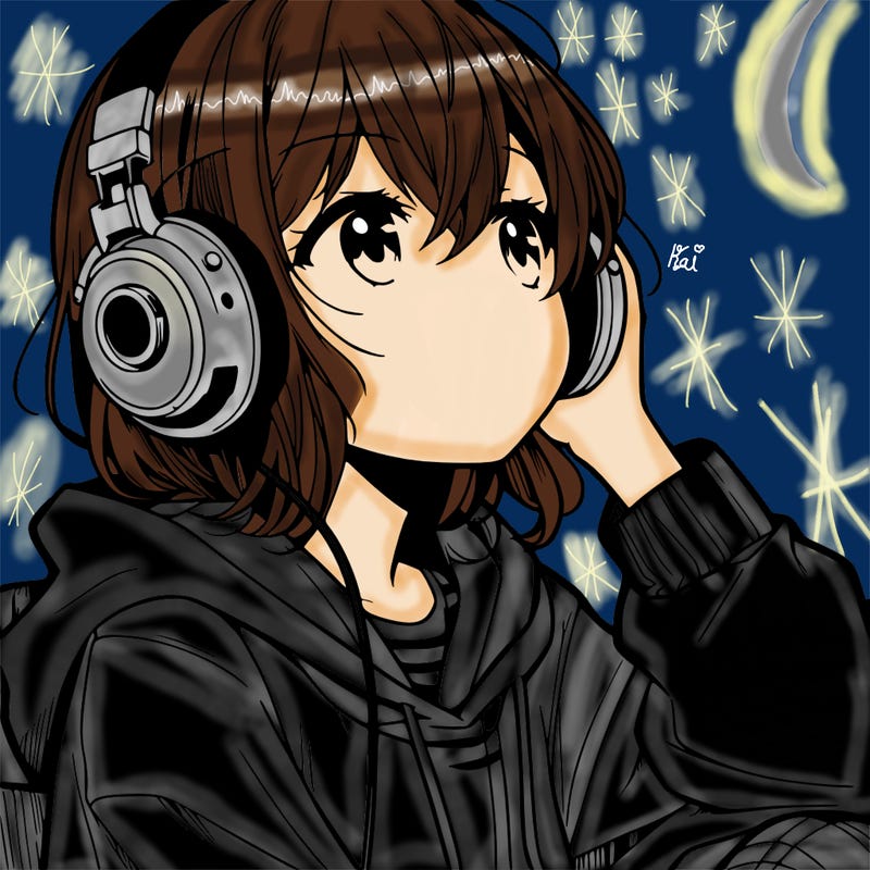 manga character that listen a music with headphone
