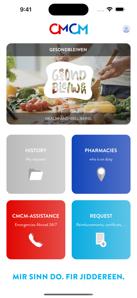 CMCM mobile app dashboard showing navigation tiles for history pharmacies emergency assistance and medical requests
