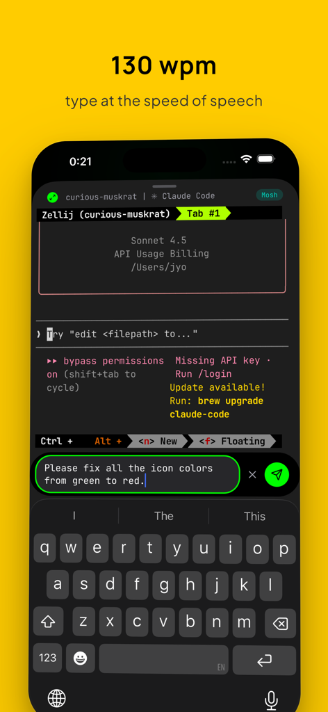 Moshi mobile terminal app interface showing voice to text command input for AI coding