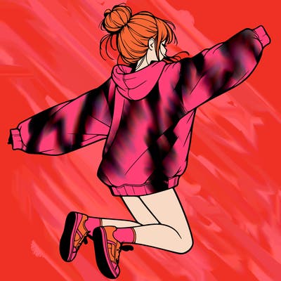 realistic girl jumping with a bun and oversized sweatshirt