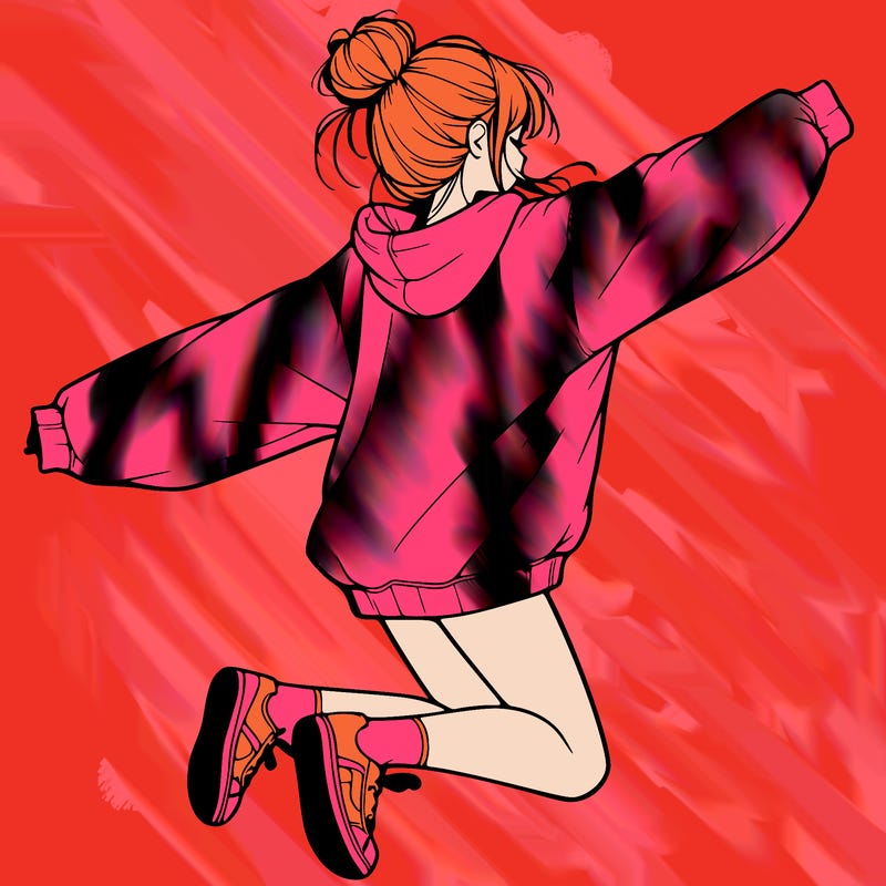 realistic girl jumping with a bun and oversized sweatshirt