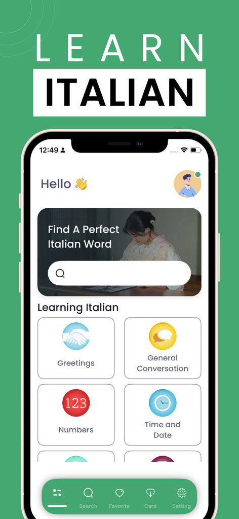Learn Italian - Phrasebook - Learn Italian Phrasebook app home screen showing language categories like greetings and general conversation