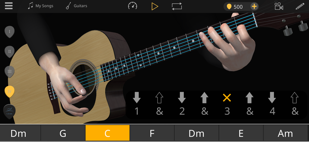 Guitar 3D - Basic Chords - A 3D guitar learning interface showing hand placement for a C chord and a rhythmic strumming pattern