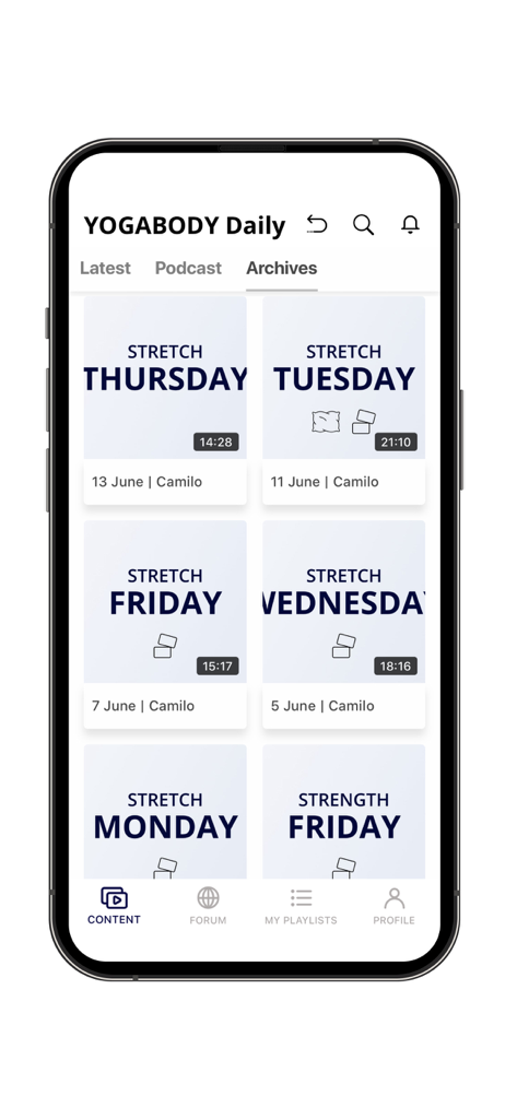 Interfaz de la aplicación YOGABODY Daily mostrando la sección de archivos con sesiones diarias de estiramiento y entrenamiento de fuerza.