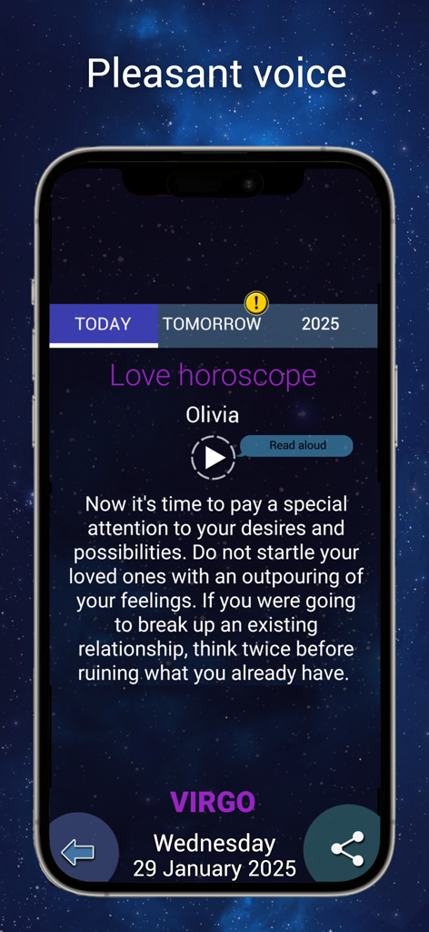 My daily horoscope 2025 - Love horoscope for Virgo on the My daily horoscope 2025 app with read aloud feature.