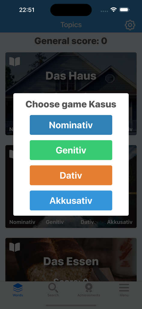 Menú de selección de casos alemanes Nominativ Genitiv Dativ y Akkusativ.