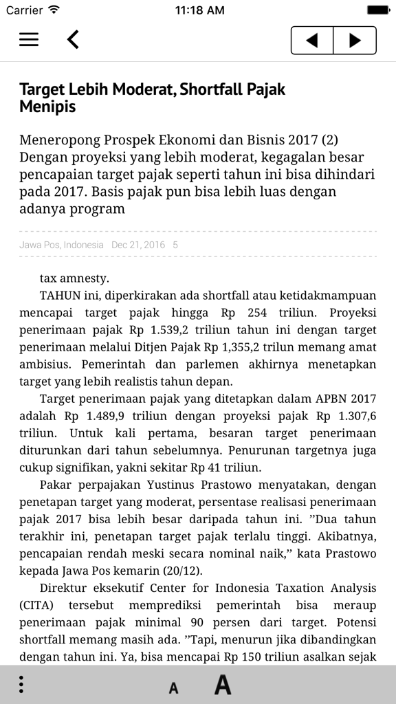 Jawa Pos E-Paper - A news article titled Target Lebih Moderat Shortfall Pajak Menipis displayed in the Jawa Pos E-Paper mobile app