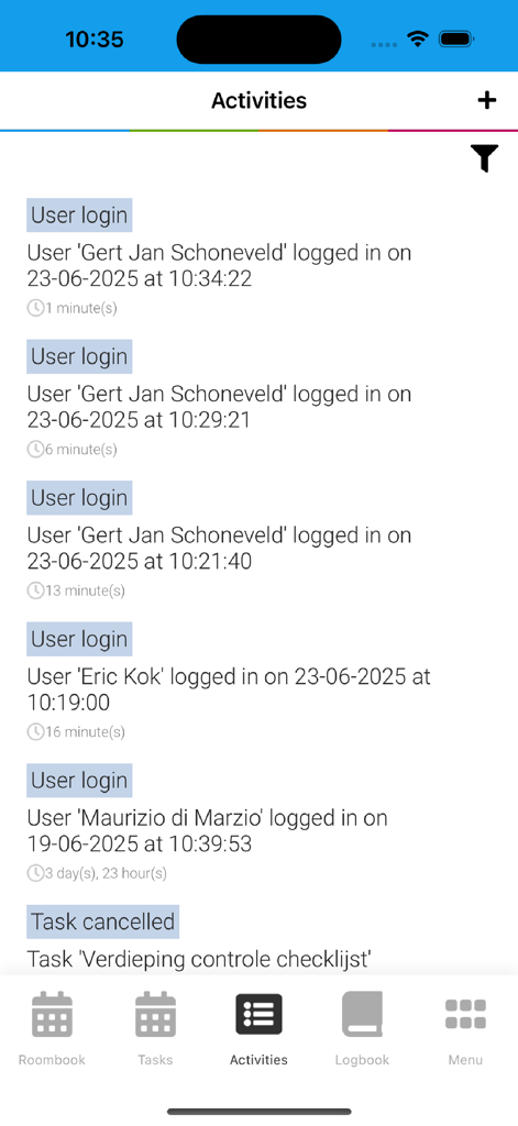 FacilityApps - Activity log screen in the FacilityApps interface showing a chronological list of user logins and task cancellations for operational transparency