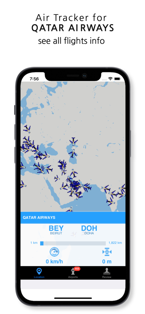 Air Tracker for Qatar Airways interface showing real-time flight tracking on a world map.