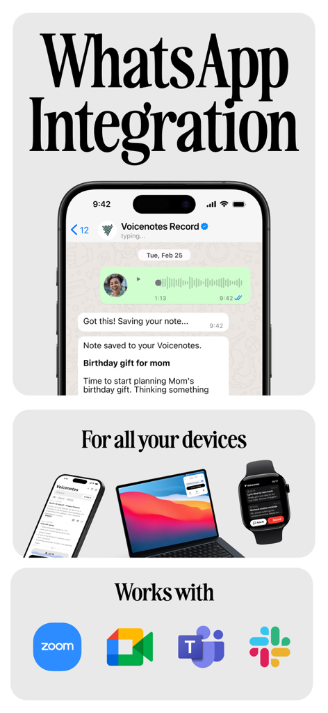Voicenotes AI Notes & Meetings - Interfaz de la aplicación Voicenotes AI mostrando integración con WhatsApp, sincronización multidispositivo y soporte de aplicaciones de reuniones