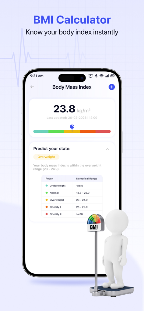 Blood Pressure - Heart Rate - Interfaz de una aplicación móvil que muestra los resultados del cálculo del IMC y las categorías de índice de masa corporal
