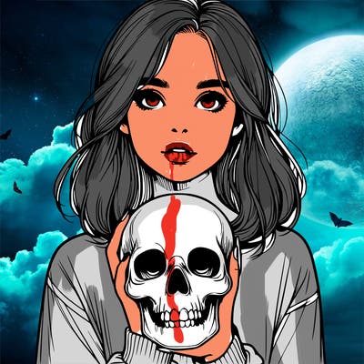 realistic girl holding a skull
