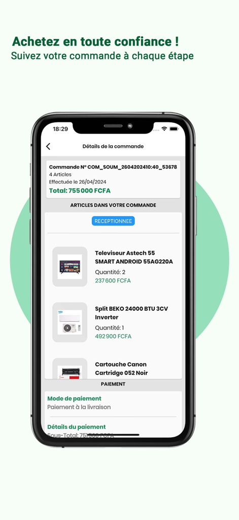 Soumari - Interface of the Soumari app showing order details and tracking status for electronics and household appliances