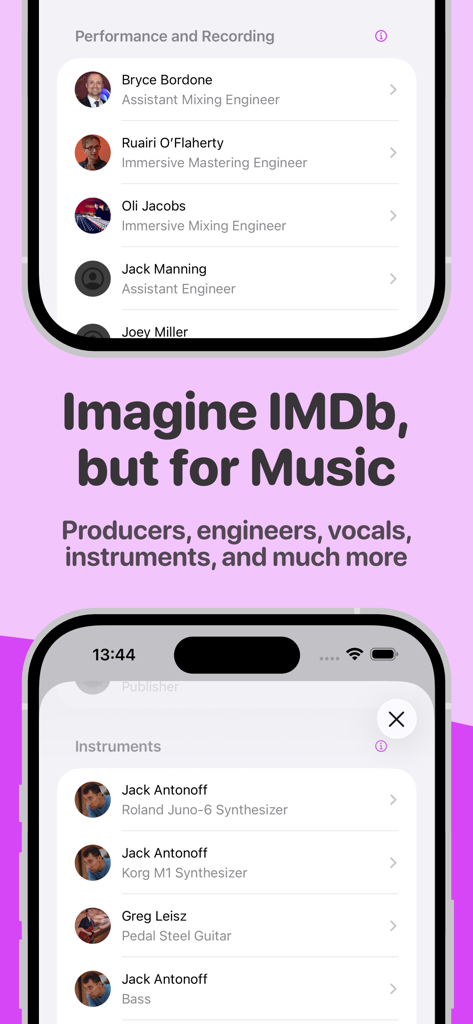 MusicSmart - Liner Notes - Screenshot of MusicSmart app showing music credits for producers and engineers with the tagline Imagine IMDb but for Music