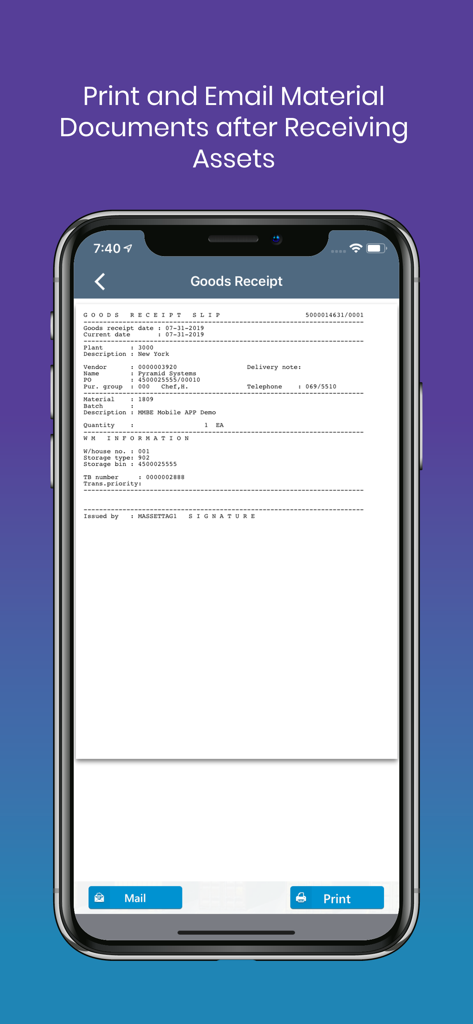 Digital Goods Receipt slip shown in the mAssetTag app with mail and print options