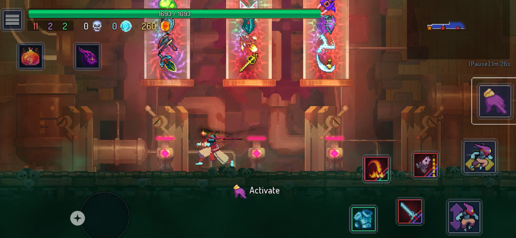 Dead Cells: Netflix Edition - Dead Cells Netflix Edition gameplay mostrando personagem e seleção de itens em recipientes