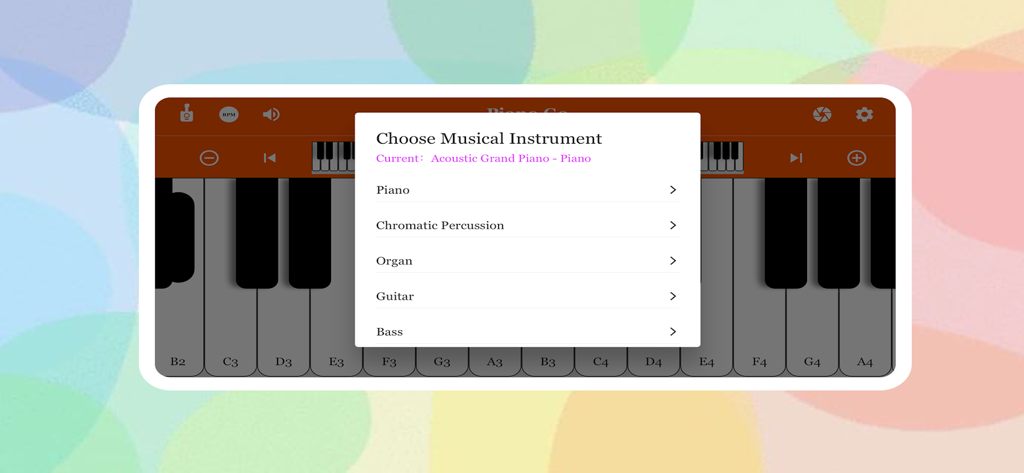 Menú de selección de instrumentos musicales en la aplicación simuladora Piano Go que muestra varias categorías de instrumentos.