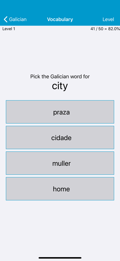 LP Galician - Screenshot of a multiple choice Galician vocabulary test in the LP Galician app