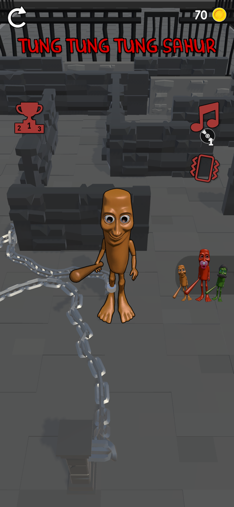 Tung Tung Tung Sahur - Personagem Noxa segurando um taco em um labirinto de prisão do jogo mobile Tung Tung Tung Sahur