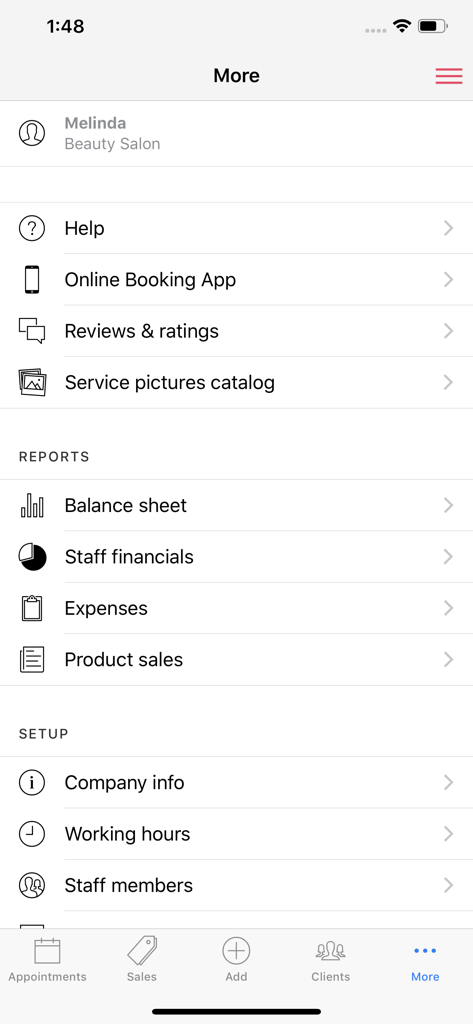 Menübildschirm der SalonAppy-App mit Business-Berichten und Einrichtungsoptionen