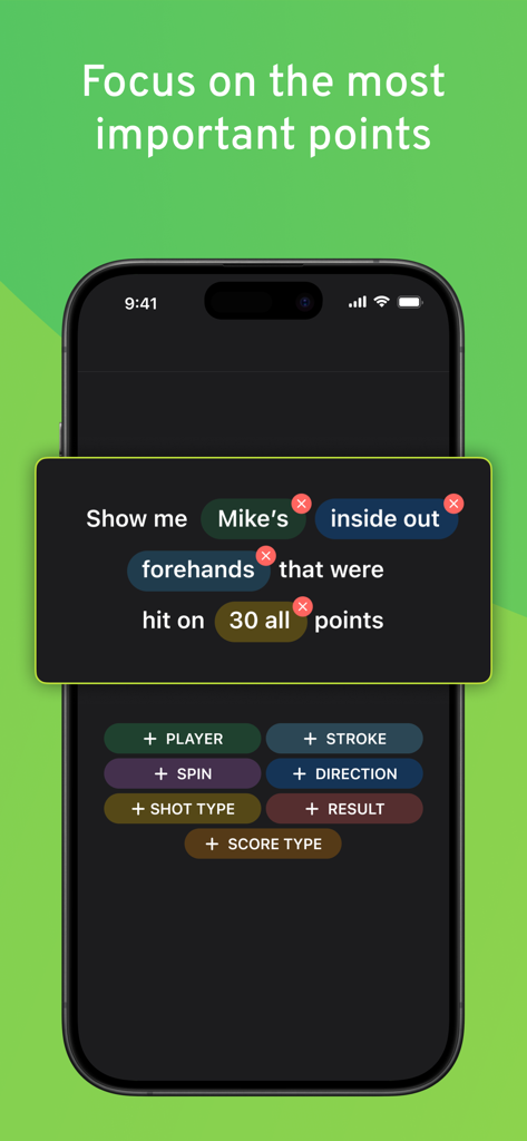 SwingVision: Tennis Pickleball - SwingVision app screen showing point analysis filters for tennis and pickleball matches