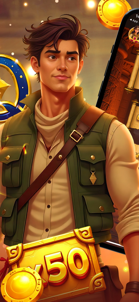 Egyptian Enigma - A young male adventurer character from the Egyptian Enigma game with a gold coin multiplier reward