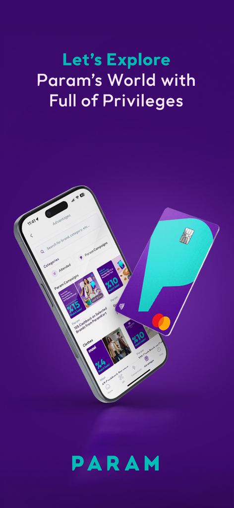 Un smartphone mostrando la interfaz de la aplicación Param con campañas de cashback junto a una tarjeta prepago ParamKart