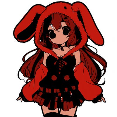 pretty anime girl wearing a fluffy hoodie with bunny ears on the hood and a skirt