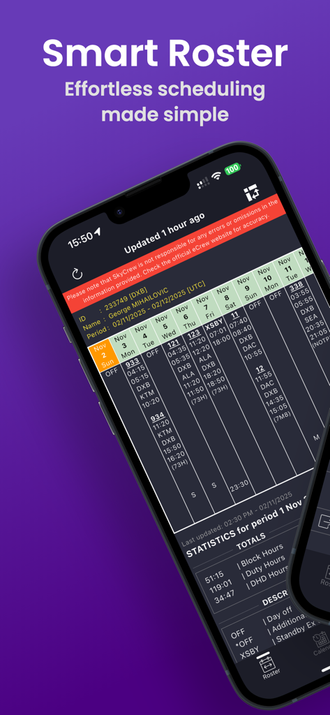 SkyCrew - Airlines Roster - Écran de smartphone affichant l'application SkyCrew avec un roster de vol détaillé et des statistiques d'heures de service