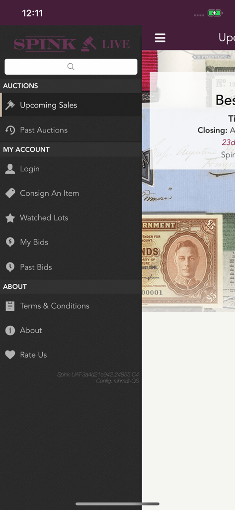 Spink Live - Navigation drawer of the Spink Live mobile app featuring auction and account management options