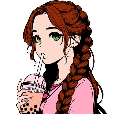 realistic girl with braided hair drinking boba