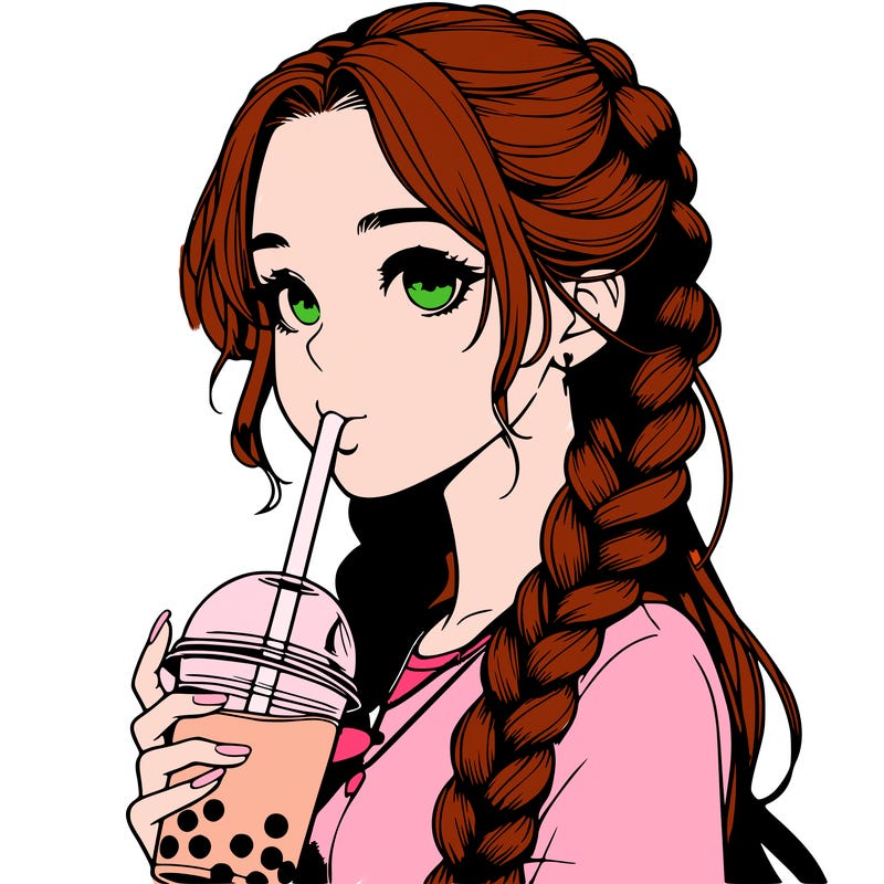 realistic girl with braided hair drinking boba