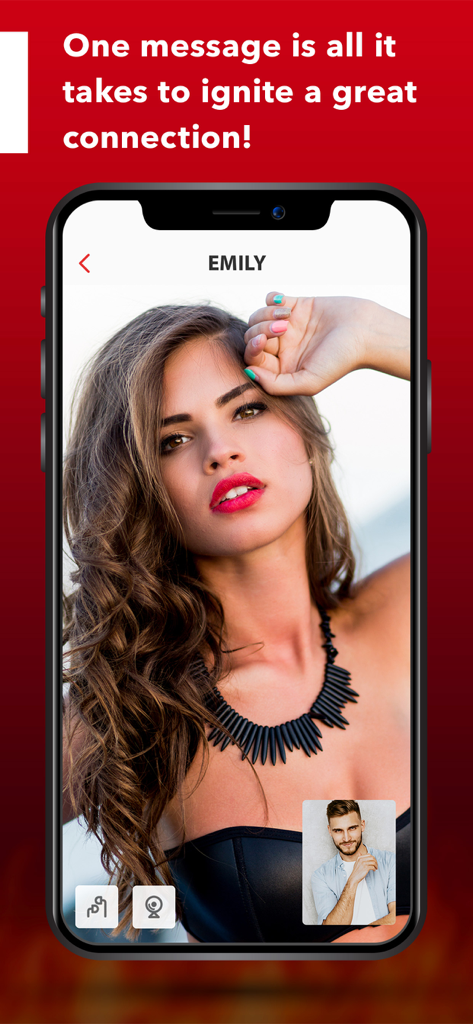 LOVE CHAT - Meet new friends - Love Chat 모바일 앱 인터페이스에서 화상 채팅 중인 남성과 여성.