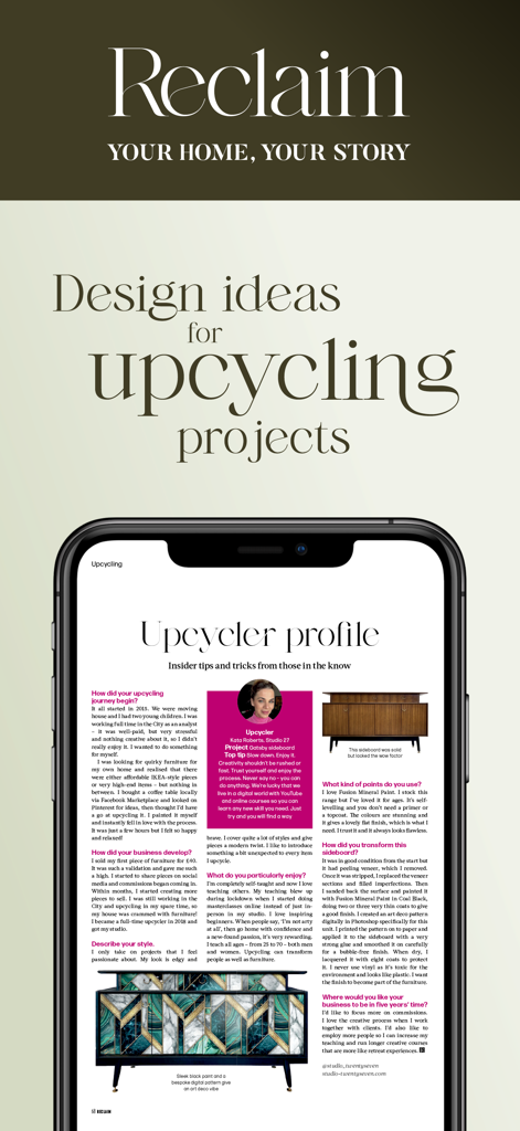 RECLAIM. - 家具のアップサイクルプロジェクトに関する特集記事が掲載されたReclaimアプリの画面を表示するスマートフォン