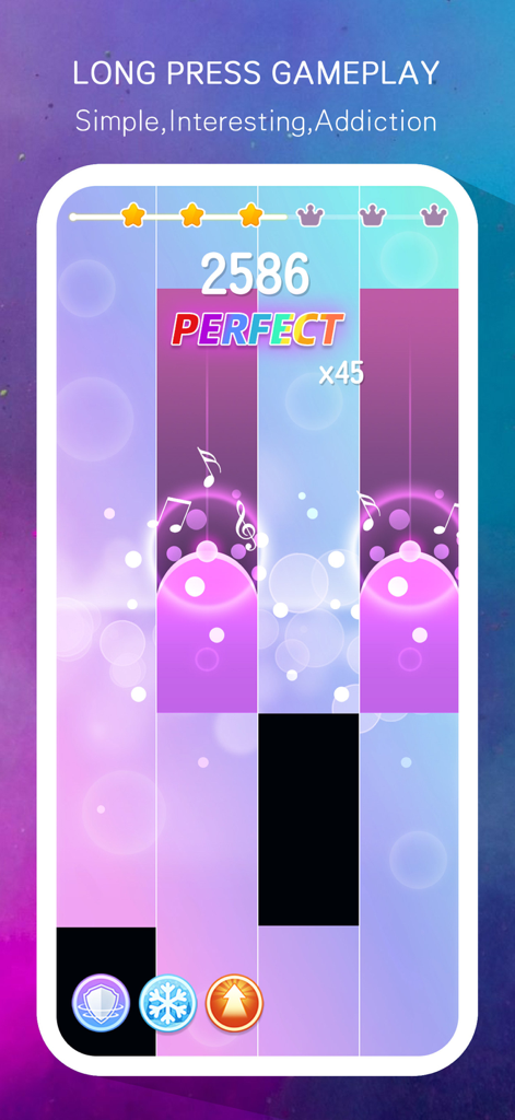 Music Tiles - Magic Piano Game - Captura de pantalla de Music Tiles Magic Piano Game que muestra mecánicas de pulsación larga y un multiplicador de puntuación alta