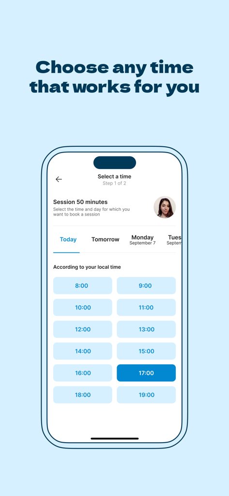 Interface of Mindly Therapy app showing available time slots for booking a same day online session.