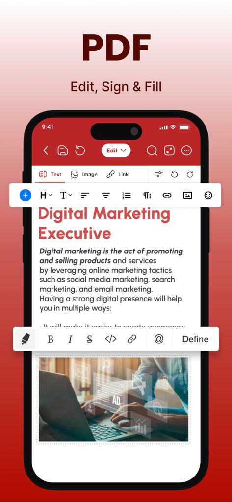 Office Suite-Word, Sheets, PPT - Office Suiteアプリ内のテキストおよび画像修正ツールを備えたPDF編集インターフェースを表示するiPhone画面