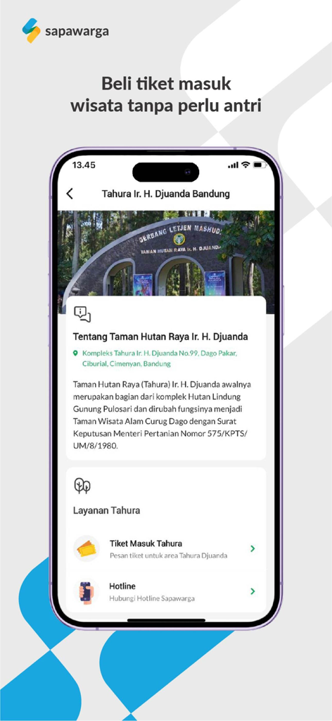 Mobile screen of Sapawarga app showing tourist ticket booking for Tahura forest park in Bandung