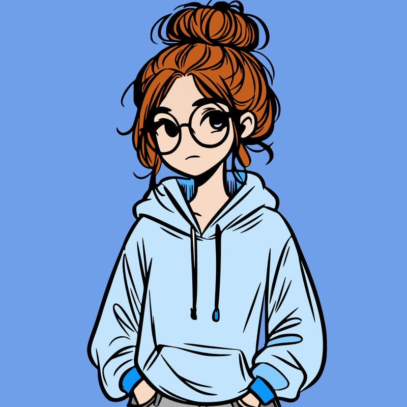 teen girl with a messy bun and glasses wearing a loose hoodie and jeans