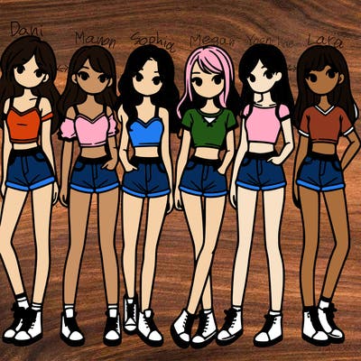 a group of girls wearing crop tops and shorts